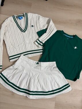 Green-off / White Tennis Set/Skirt/Cable Knit V-Neck & Tee Prince Pickleball M